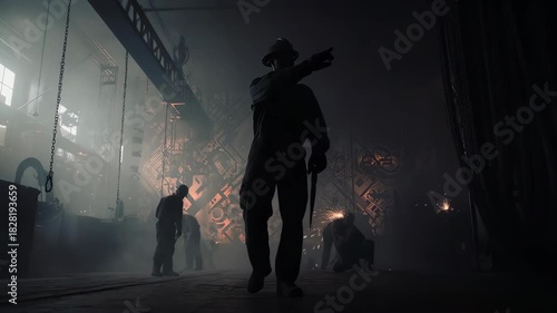 Silhouetted workers in a dim, industrial setting with machinery