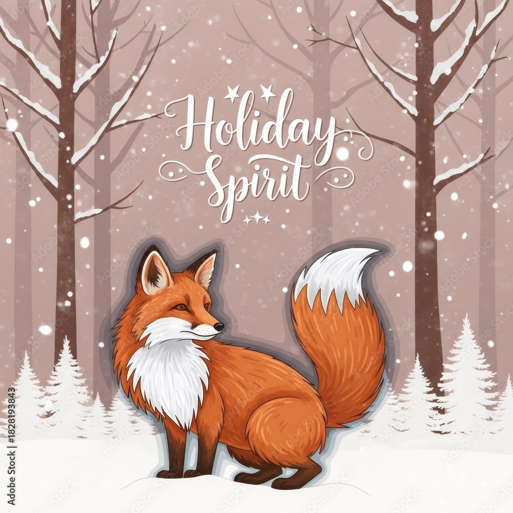 Obraz premium Cute fox in a snowy forest during winter, surrounded by trees and little christmas trees, with text Christmas spirit. Holiday card.