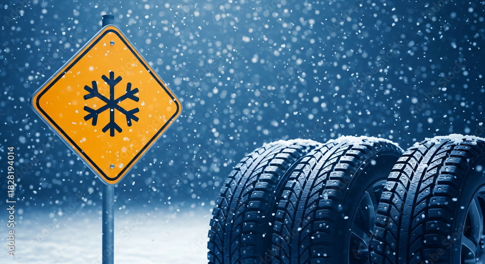 Naklejka premium Winter tire pile with studded tread in snow, symbolizing road safety sign and warning cold weather driving
