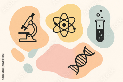 Color illustration of science icons: microscope, atom, test tube and DNA helix. Abstract background for biology, chemistry, physics and genetics themes.