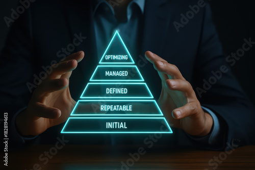 Business process maturity pyramid glowing with levels initial, repeatable, defined, managed, and optimizing, held by hands in dark suit, symbolizing growth and improvement