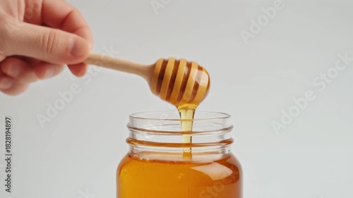 Close-Up Video of Hand Dipping Wooden Spoon into Honey Jar Isolated on White Background