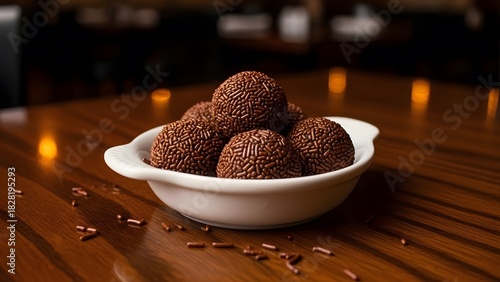 A white bowl filled with several chocolate sprinkles covered brigadeiros on a wooden table surface
