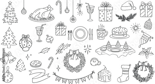 Christmas holiday season hand drawn doodle elements set