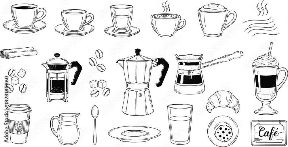 Fototapeta premium Hand drawn coffee shop icons set, black and white cafe doodle illustrations, collection of espresso cups and barista equipment vector