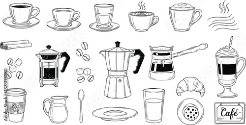 Coffee elements and cafe drink collection hand drawn illustration