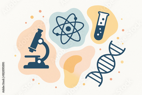 Color illustration of science icons: microscope, atom, test tube and DNA helix. Abstract background for biology, chemistry, physics and genetics themes.