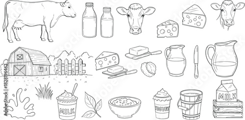 Farm animals and fresh dairy products outline sketch icons