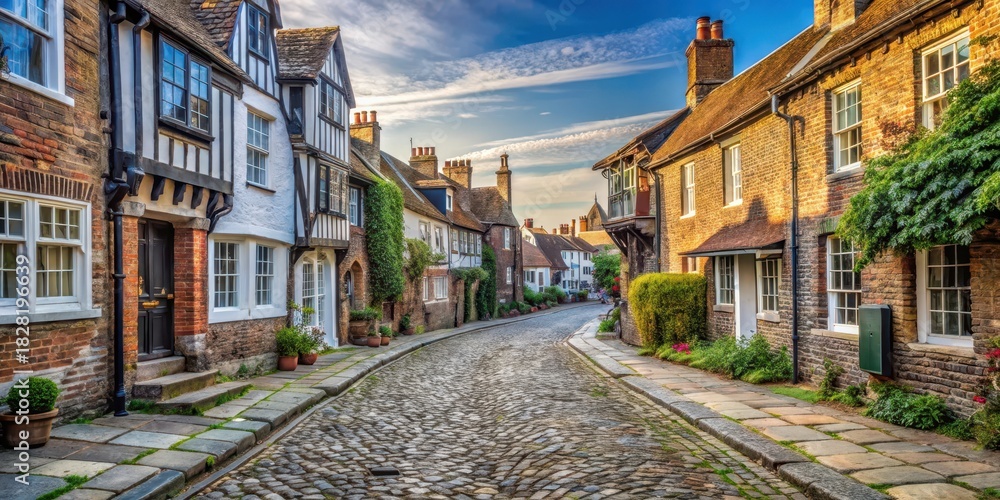Obraz premium Old cobblestone street in Rye town center with worn stone pavement and traditional buildings, surrounded by historic architecture, traditional buildings , historic buildings