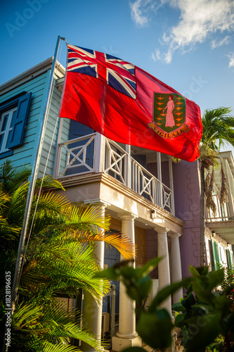 British Virgin Island red ensign flag flying in the foreground of lush tropical palms and traditional colourful Caribbean gingerbread architecture