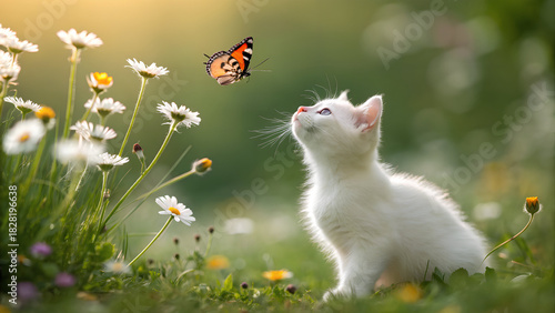 Fototapeta Naklejka Na Ścianę i Meble -  Adorable white kitten watching butterfly in sunny flower meadow