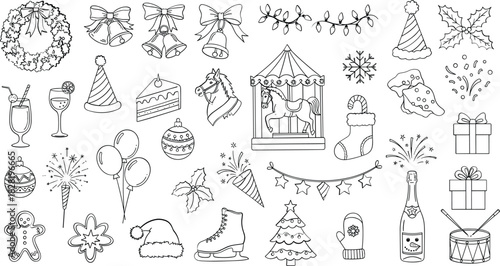 Festive holiday celebration party doodle vector line art