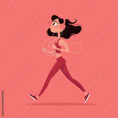 Active Woman Jogging in Headphones — Fitness Running Illustration
