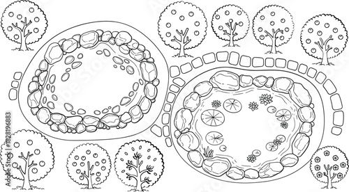 Garden layout with two rock ponds, path, and apple trees