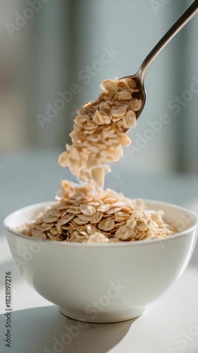 Healthy breakfast concept with a white bowl filled with raw oatmeal flakes and a spoonful of oats above it. Natural morning light highlights the nutritious grains in a minimalist setting