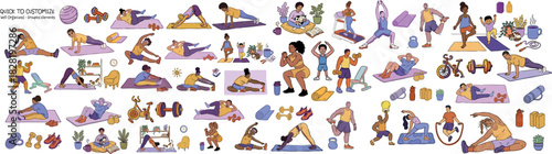 Colorful flat fitness illustration set with diverse people exercising on yoga mats, stretching, lifting dumbbells and kettlebells, doing home workout routines among plants and gym accessories