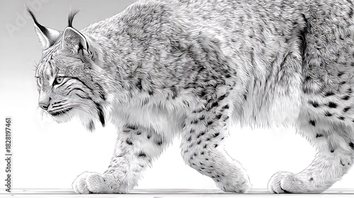 Majestic lynx in profile, a powerful predator's gaze, showcasing its detailed fur texture and stealthy movement against a clean background, evoking wildness and untamed nature