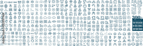 Thin line vector art pack of future tech icons with ai robots, smart home devices, data analytics charts and cloud computing symbols in wide horizontal layout