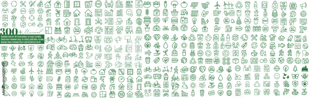 Fototapeta premium Minimal green line icon set of 300 sustainability symbols for eco lifestyle, recycling, renewable energy, esg reporting, climate action and corporate social responsibility infographics