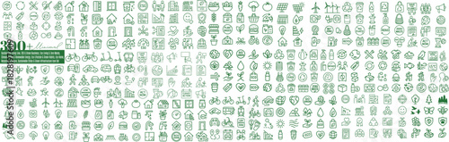 Minimal green line icon set of 300 sustainability symbols for eco lifestyle, recycling, renewable energy, esg reporting, climate action and corporate social responsibility infographics