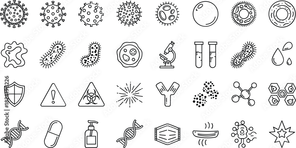 Fototapeta premium Microbiology virus bacteria health safety icon set