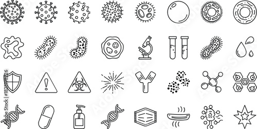 Microbiology virus bacteria health safety icon set