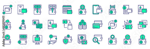 Wallet icons collection. Vector illustration. Change, Mobile Wallet, Income, Cash, Planning, Wrong, Phone, Trade, Bill, Water bill, Link. Pro Vector