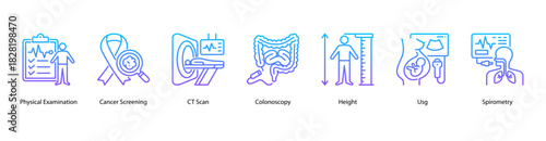 Comprehensive Health Screening web banner icon vector illustration featuring Physical Examination, Cancer Screening, CT Scan, Colonoscopy, Height, Usg, and Spirometry for complete medical evaluation.