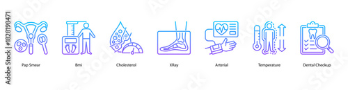 Essential Diagnostic Procedures web banner icon vector illustration featuring Pap Smear, BMI, Cholesterol, X-Ray, Arterial, Temperature, and Dental Checkup as core preventive health measures.