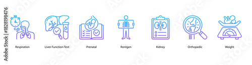 Clinical Health Monitoring web banner icon vector illustration featuring Respiration, Liver Function Test, Prenatal, Rontgen, Kidney, Orthopedic, and Weight for comprehensive body system checks.