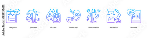 Medical Diagnosis Essentials web banner icon vector illustration featuring Diagnosis, Symptom, Glucose, Endoscopy, Immunization, Medication, and Postnatal for core healthcare procedures.