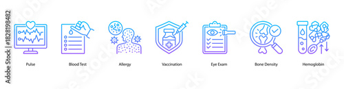 Laboratory Health Indicators web banner icon vector illustration featuring Pulse, Blood Test, Allergy, Vaccination, Eye Exam, Bone Density, and Hemoglobin for essential medical metrics.