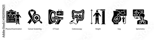 Comprehensive Health Screening web banner icon vector illustration featuring Physical Examination, Cancer Screening, CT Scan, Colonoscopy, Height, Usg, and Spirometry for complete medical evaluation.