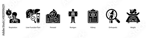 Clinical Health Monitoring web banner icon vector illustration featuring Respiration, Liver Function Test, Prenatal, Rontgen, Kidney, Orthopedic, and Weight for comprehensive body system checks.