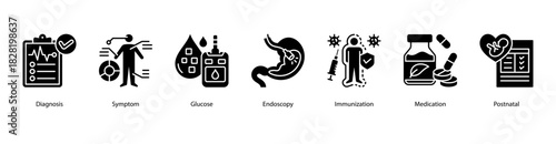 Medical Diagnosis Essentials web banner icon vector illustration featuring Diagnosis, Symptom, Glucose, Endoscopy, Immunization, Medication, and Postnatal for core healthcare procedures.