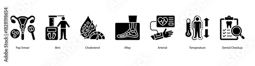 Essential Diagnostic Procedures web banner icon vector illustration featuring Pap Smear, BMI, Cholesterol, X-Ray, Arterial, Temperature, and Dental Checkup as core preventive health measures.