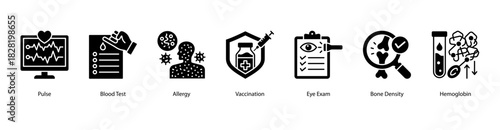 Laboratory Health Indicators web banner icon vector illustration featuring Pulse, Blood Test, Allergy, Vaccination, Eye Exam, Bone Density, and Hemoglobin for essential medical metrics.