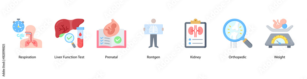 Obraz premium Clinical Health Monitoring web banner icon vector illustration featuring Respiration, Liver Function Test, Prenatal, Rontgen, Kidney, Orthopedic, and Weight for comprehensive body system checks.