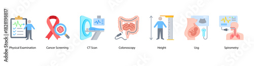 Comprehensive Health Screening web banner icon vector illustration featuring Physical Examination, Cancer Screening, CT Scan, Colonoscopy, Height, Usg, and Spirometry for complete medical evaluation.