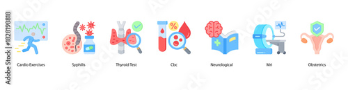 Advanced Medical Assessment web banner icon vector illustration featuring Cardio Exercises, Syphilis, Thyroid Test, CBC, Neurological, MRI, and Obstetrics for in-depth health insight.