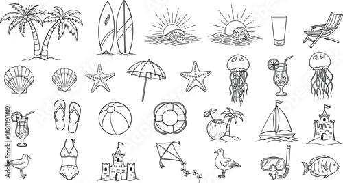 Summer beach holiday vacation hand drawn icon set