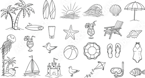 Summer holiday beach travel essentials icon collection