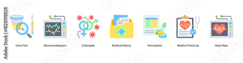 Diagnostic and Vital Tracking web banner with Urine Test, Electrocardiogram, Chlamydia, Medical History, Prescription, Medical Check Up, and Heart Rate to support active health monitoring.