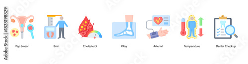 Essential Diagnostic Procedures web banner icon vector illustration featuring Pap Smear, BMI, Cholesterol, X-Ray, Arterial, Temperature, and Dental Checkup as core preventive health measures.