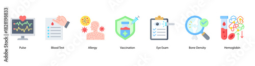 Laboratory Health Indicators web banner icon vector illustration featuring Pulse, Blood Test, Allergy, Vaccination, Eye Exam, Bone Density, and Hemoglobin for essential medical metrics.