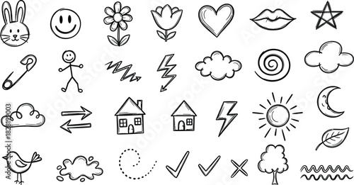 Various everyday objects and concepts in doodle style