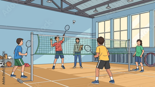 Illustration of people playing badminton in a sports hall, with nets and racquets