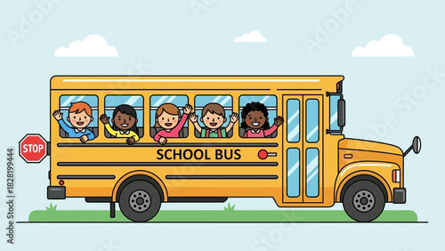 School bus carrying diverse children waving and smiling on a sunny day with clouds - transportation