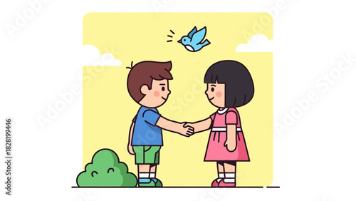 Two children shaking hands in a friendly gesture, symbolizing peace and friendship with a bird flying above