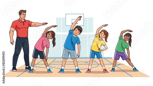 Diverse group of elementary school children learning stretching exercises from their coach in a physical education class